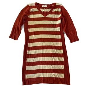 Pink Rose Womens L Black White Striped Sweater Dress Red Trim Stretch Rayon Knit